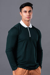 MINIMAL BUZZ  RADIANCE FULL SLEEVES ZIP POLO T-SHIRT - DARK GREEN